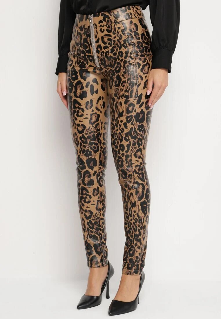  Pantaloni Maro Căptușiți cu imprimeu leopard cu talie înaltă din imitație de piele Decorați cu fermoar Filanis