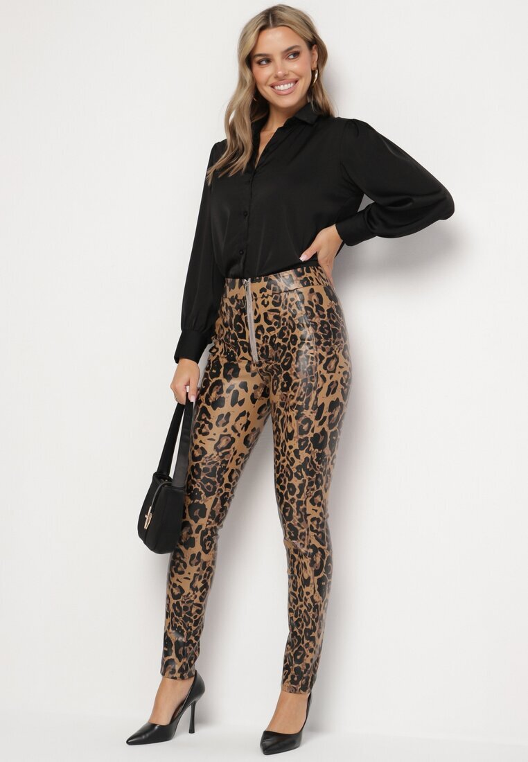  Pantaloni Maro Căptușiți cu imprimeu leopard cu talie înaltă din imitație de piele Decorați cu fermoar Filanis