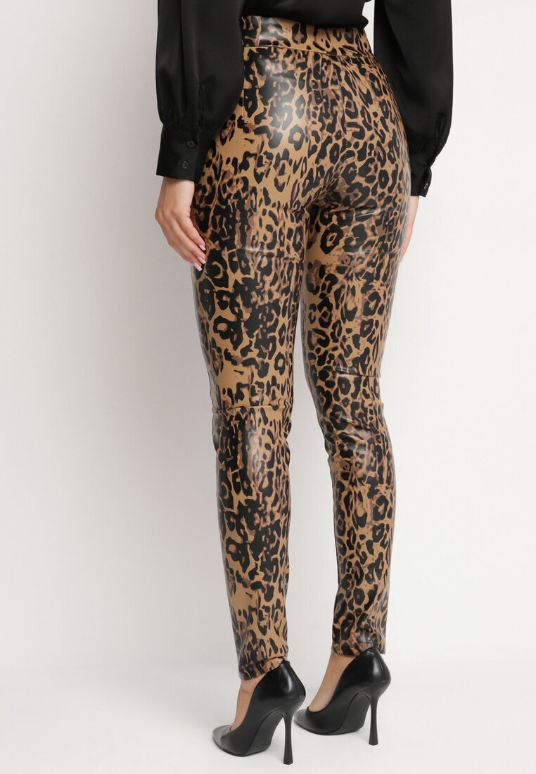  Pantaloni Maro Căptușiți cu imprimeu leopard cu talie înaltă din imitație de piele Decorați cu fermoar Filanis