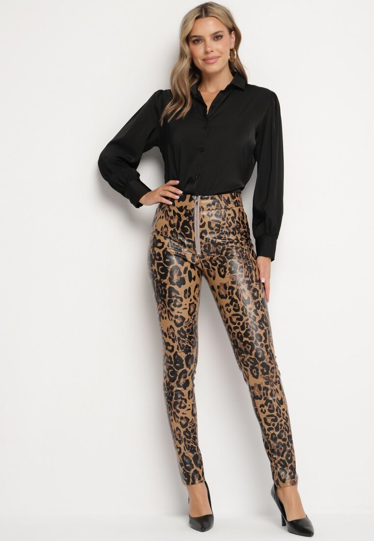  Pantaloni Maro Căptușiți cu imprimeu leopard cu talie înaltă din imitație de piele Decorați cu fermoar Filanis