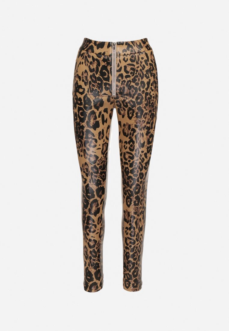  Pantaloni Maro Căptușiți cu imprimeu leopard cu talie înaltă din imitație de piele Decorați cu fermoar Filanis