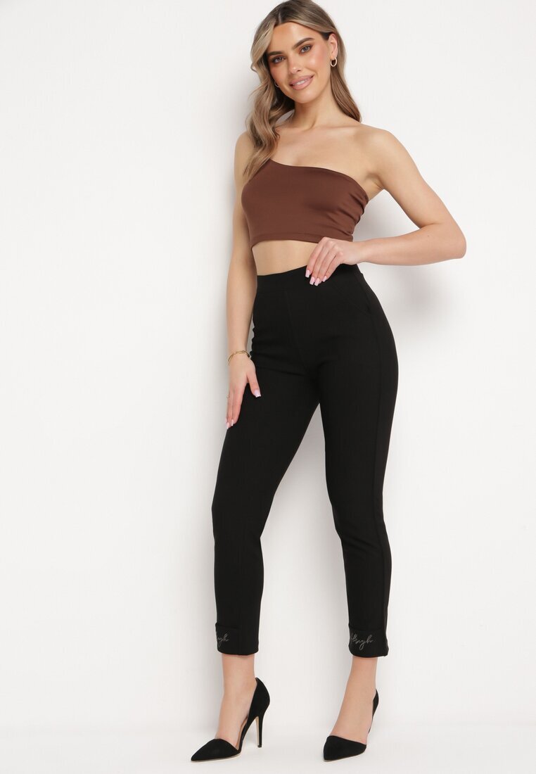  Pantaloni Negri cu Elastic în Talie cu Buzunare și Finisați cu Broderie Decorativă Starola