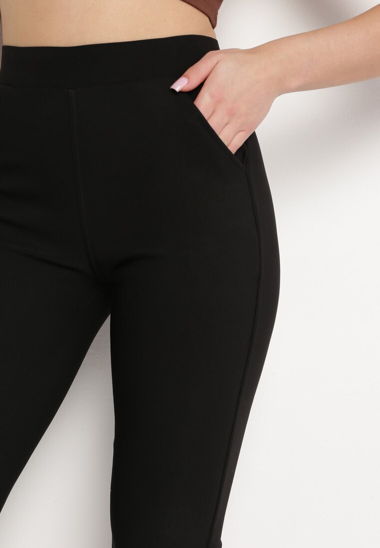  Pantaloni Negri cu Elastic în Talie cu Buzunare și Finisați cu Broderie Decorativă Starola