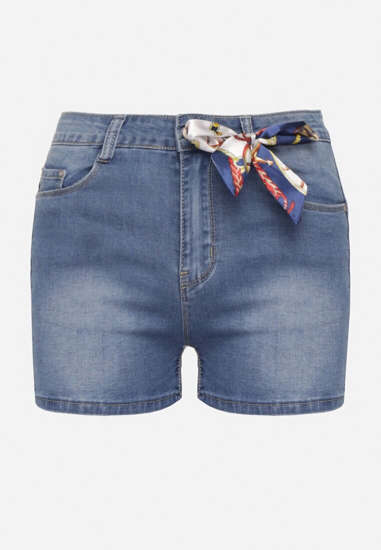  Pantaloni scurți de blugi Albastri cu talie înaltă și panglică decorativă Quorpia
