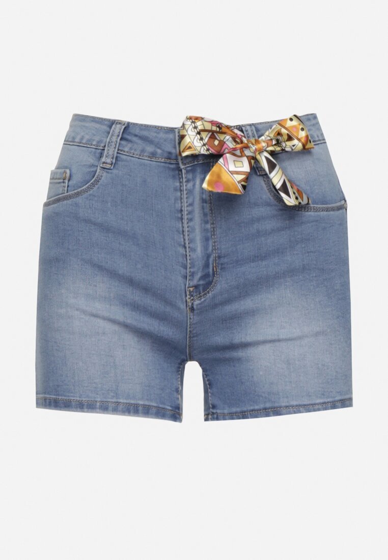  Pantaloni scurți din denim albaștri cu fundă decorativă și talie înaltă Ilbia
