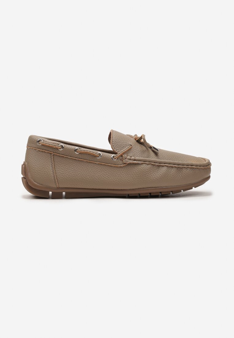  Pantofi Bej închis din piele ecologică în stil mocasini cu cusături și fundă Randaca