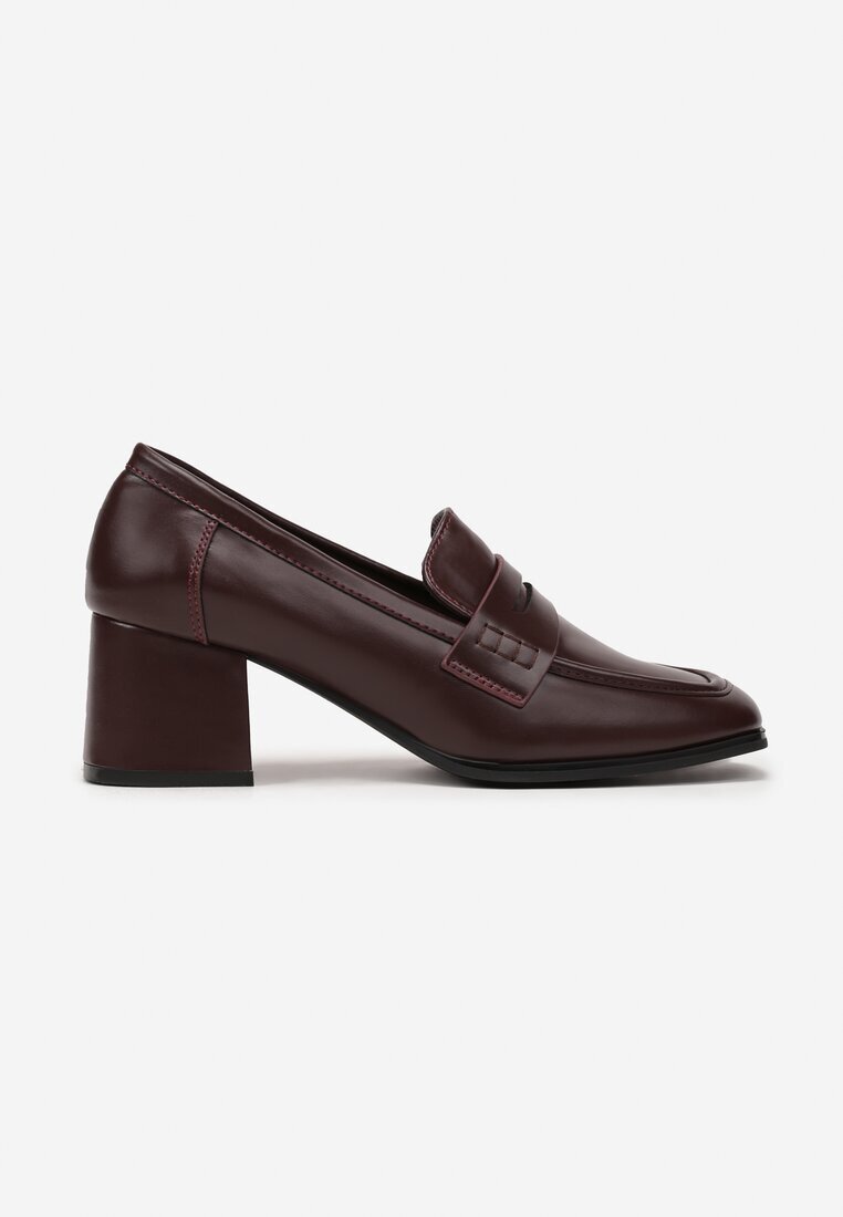  Pantofi Bordeaux cu toc bloc cu vârf pătrat și cu o curea decorativă Smotere