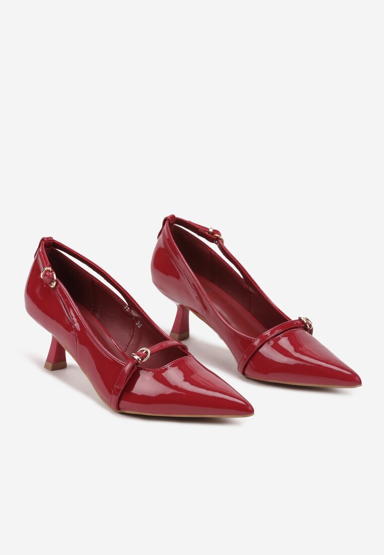  Pantofi Bordeaux Lăcuiți cu toc tip kitten cu Catarame Decorative Rexira
