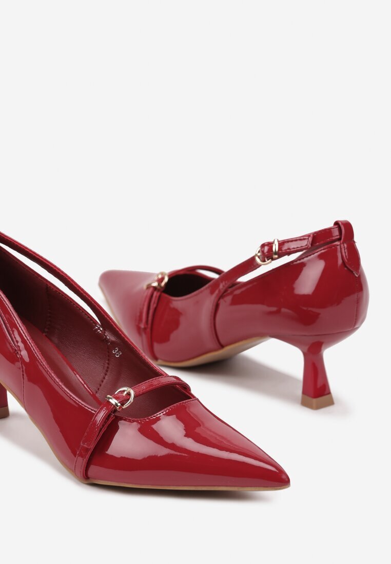  Pantofi Bordeaux Lăcuiți cu toc tip kitten cu Catarame Decorative Rexira