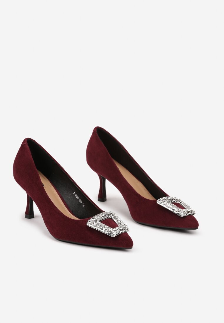  Pantofi cu toc Bordò pe toc stiletto decorați cu cataramă cu zirconii Zinsira