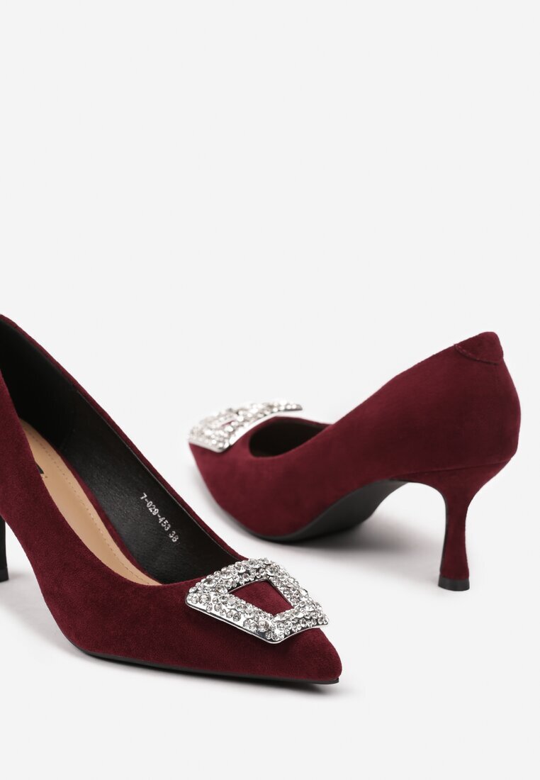  Pantofi cu toc Bordò pe toc stiletto decorați cu cataramă cu zirconii Zinsira