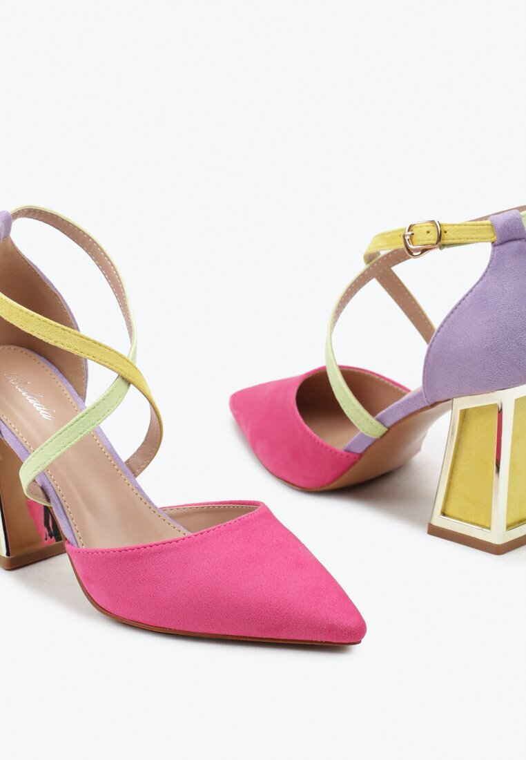  Pantofi cu toc fuchsia pe toc conic cu inserție metalică Nadvle
