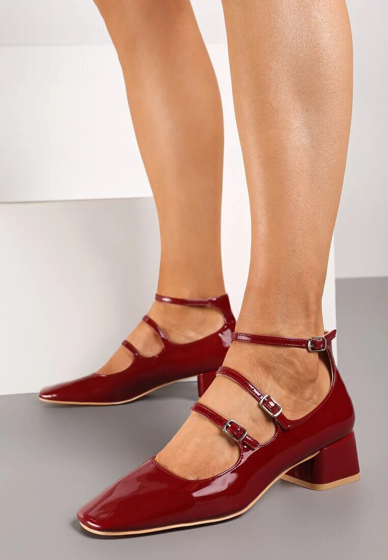  Pantofi cu toc mic Bordeaux cu trei curele decorative și catarame Amantia