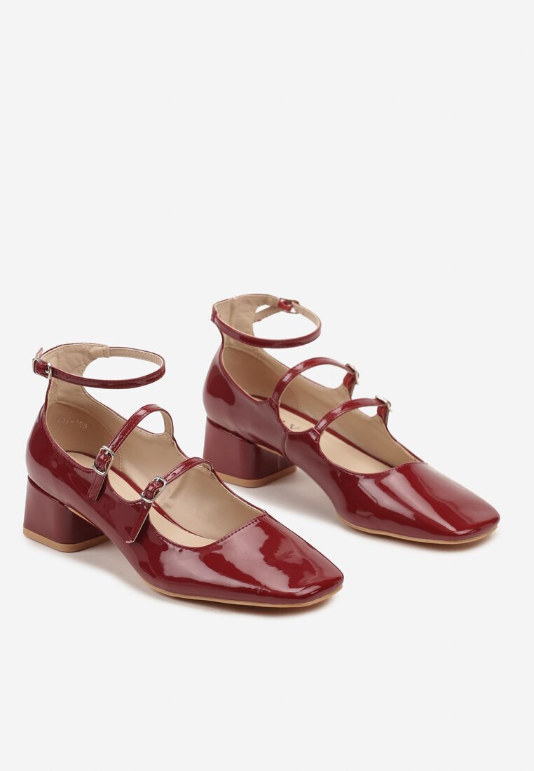  Pantofi cu toc mic Bordeaux cu trei curele decorative și catarame Amantia