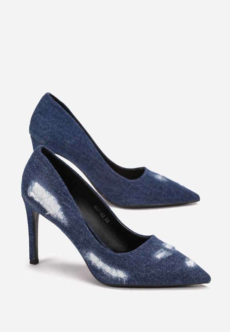  Pantofi cu toc subțire Bleumarin cu rupturi din Denim Botrose