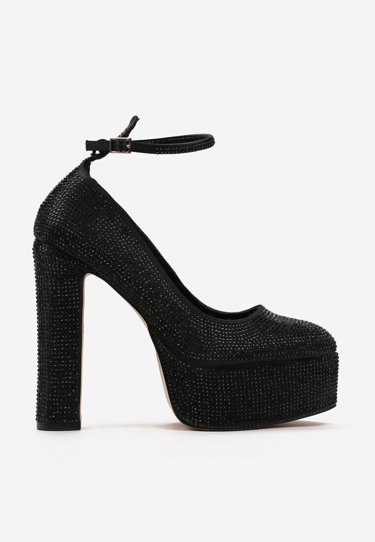  Pantofi eleganți negri cu toc bloc și platformă decorați cu strasuri Blatia