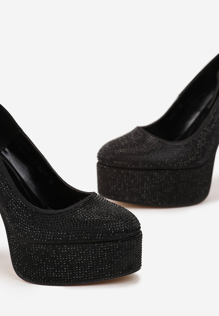 Pantofi eleganți negri cu toc bloc și platformă decorați cu strasuri Blatia