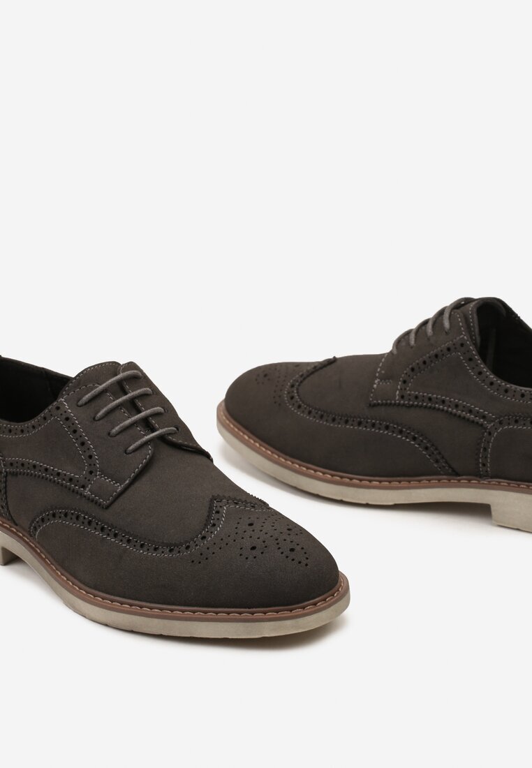  Pantofi Gri Oxford cu Branț din Piele și Cusături Petime