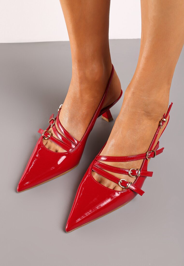  Pantofi lăcuiți bordeaux cu toc bobină slingback și catarame Arstira