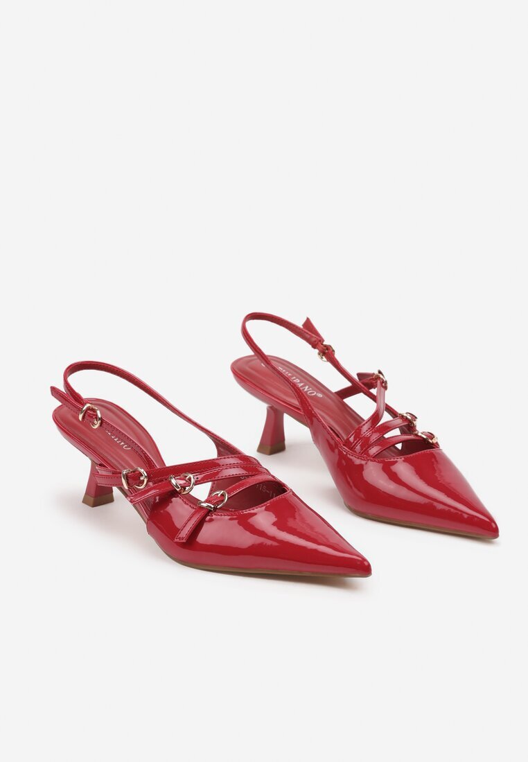  Pantofi lăcuiți bordeaux cu toc bobină slingback și catarame Arstira