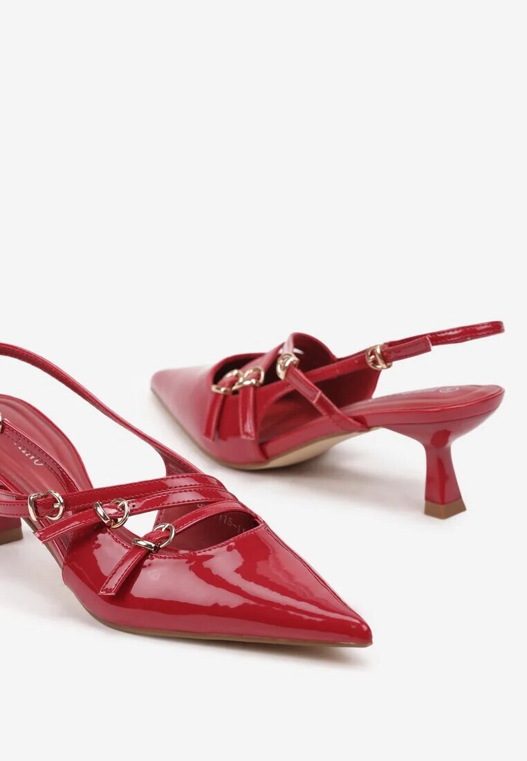  Pantofi lăcuiți bordeaux cu toc bobină slingback și catarame Arstira