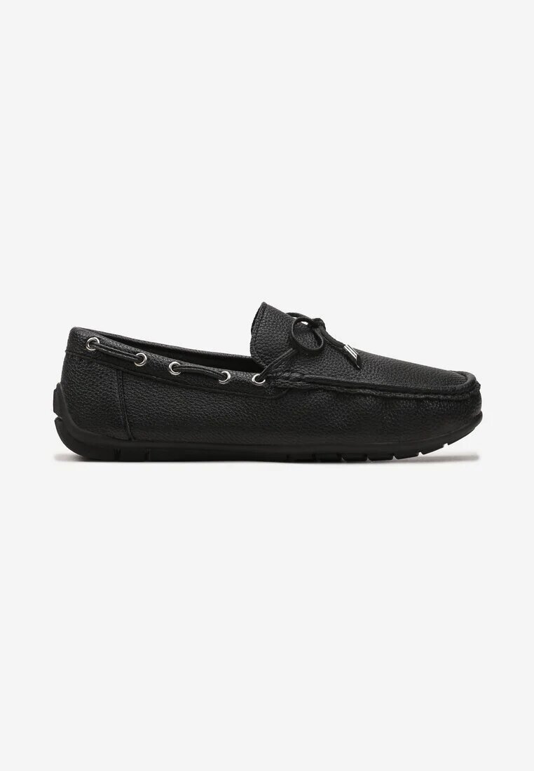  Pantofi Negri din Piele ecologică în Stil Mocasini cu Cusături și Fundă Randaca
