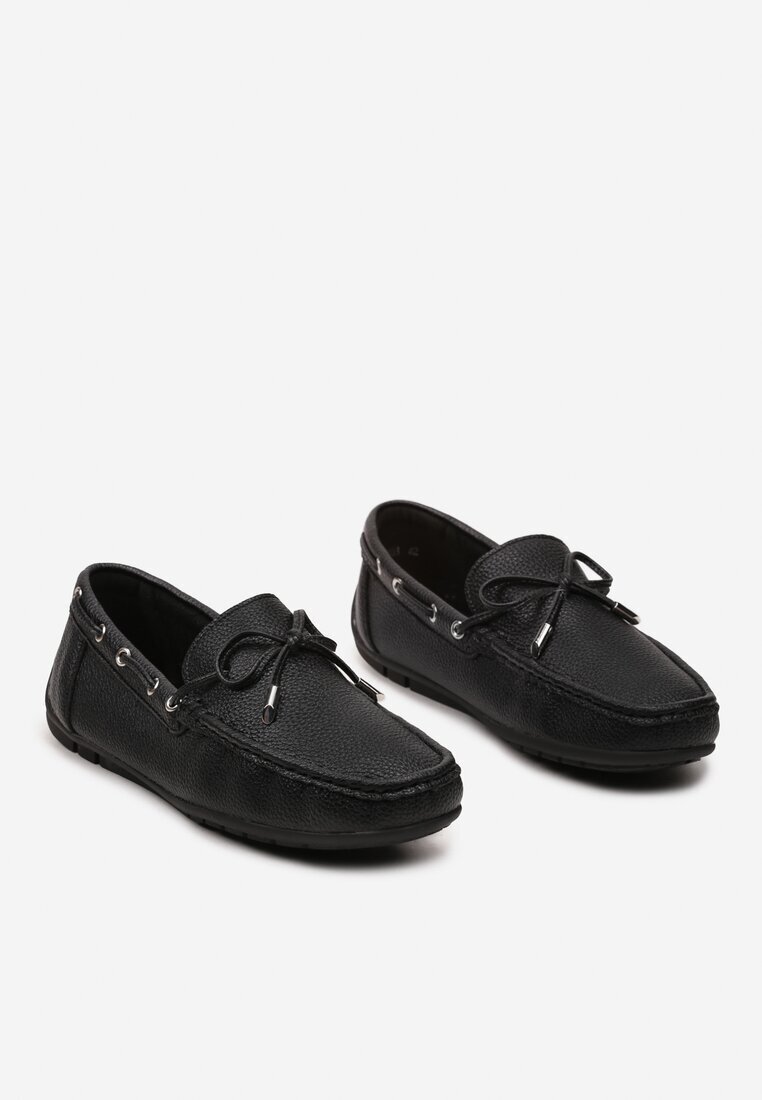  Pantofi Negri din Piele ecologică în Stil Mocasini cu Cusături și Fundă Randaca