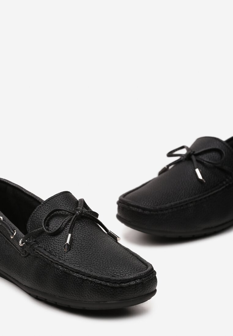  Pantofi Negri din Piele ecologică în Stil Mocasini cu Cusături și Fundă Randaca