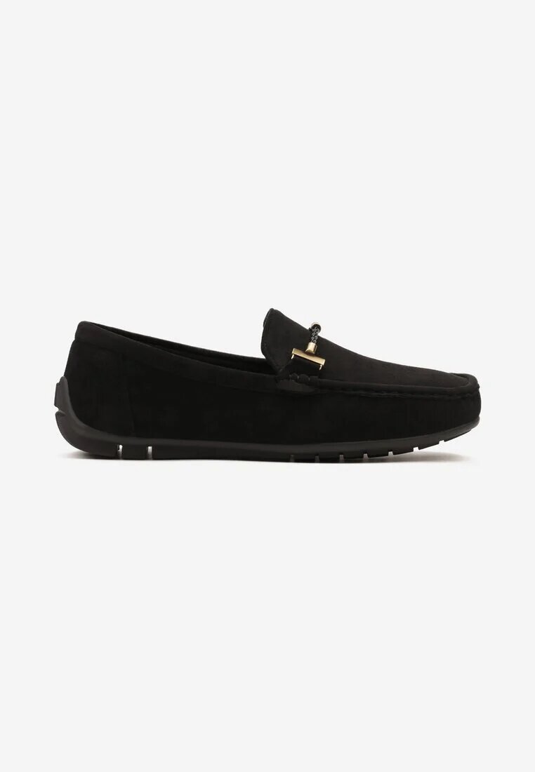  Pantofi negri stil mocasini cu cataramă metalică decorativă Rosaz