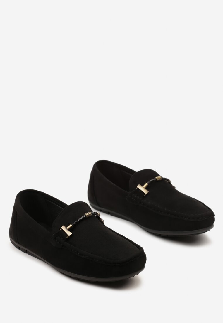  Pantofi negri stil mocasini cu cataramă metalică decorativă Rosaz