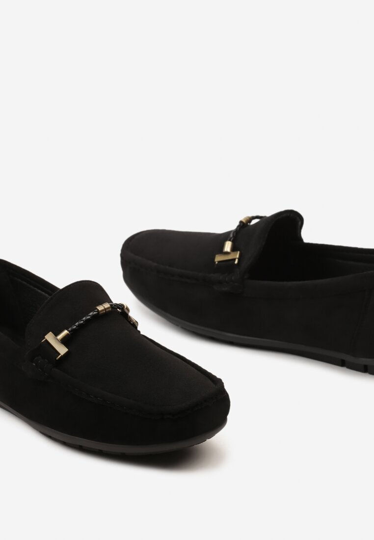  Pantofi negri stil mocasini cu cataramă metalică decorativă Rosaz