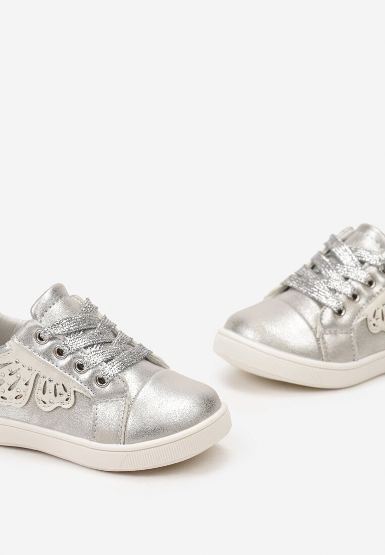  Pantofi Sport Argintii cu branț din piele fermoar decorativ și aplicație Zealle