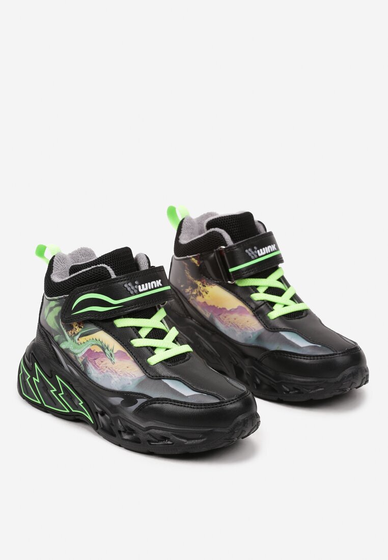  Pantofi sport negri plați Sneakers cu model geometric și LED-uri Temiana