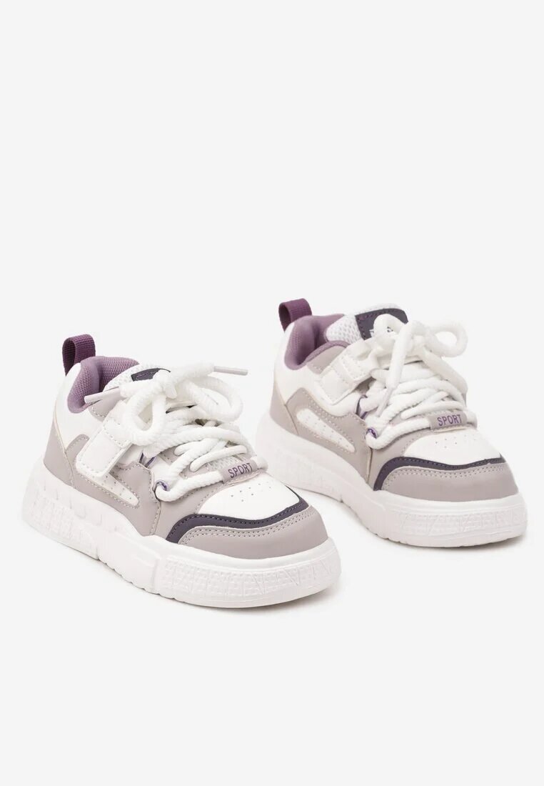  Pantofi sport plati Alb-violet Sneakersy cu perforații și branț din piele Mareria