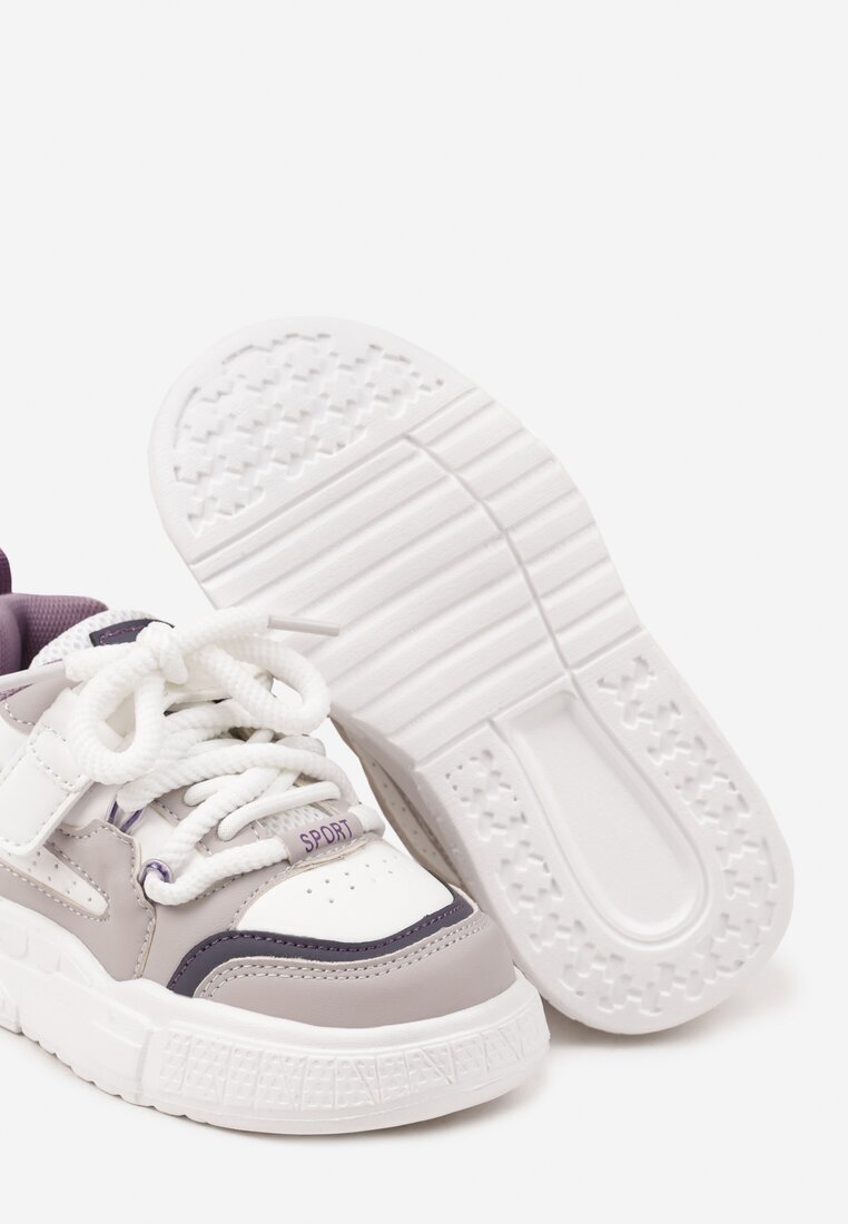  Pantofi sport plati Alb-violet Sneakersy cu perforații și branț din piele Mareria