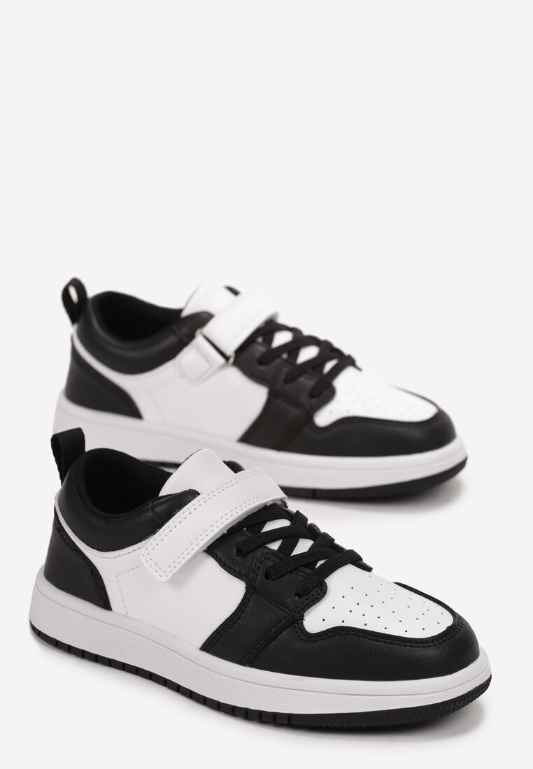  Pantofi sport plati negru-alb închiși cu scai și cu șireturi Haelia