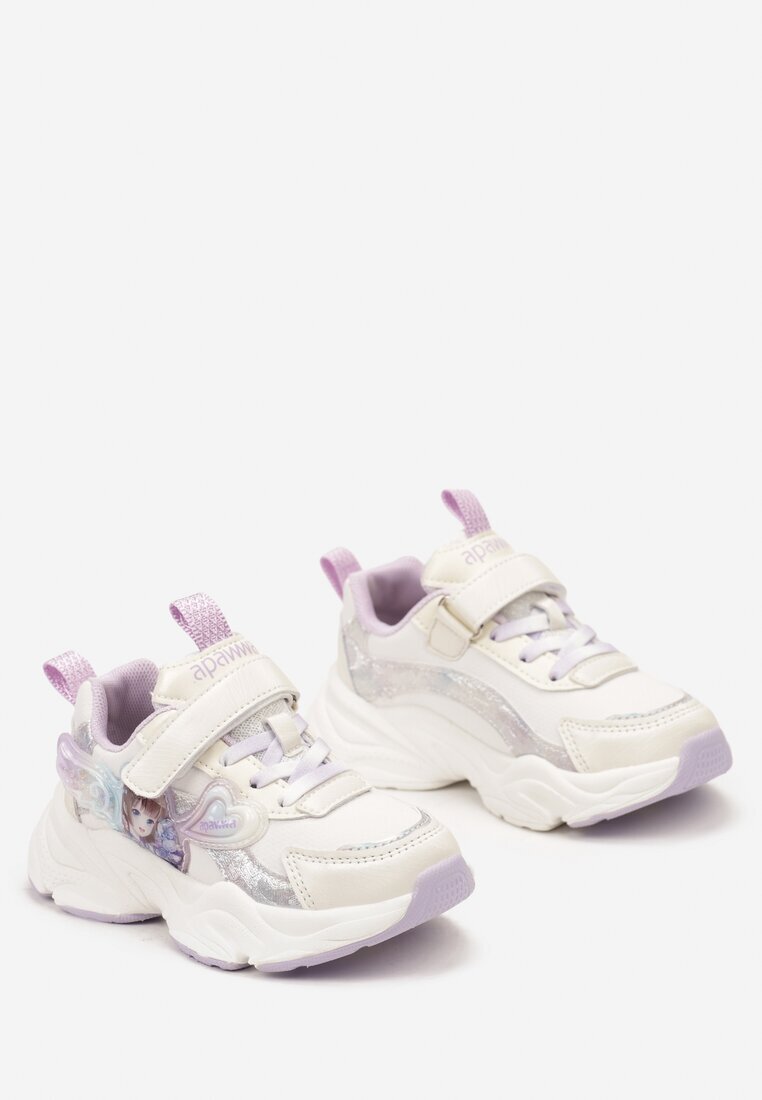  Pantofi sport sneakers mov-albi cu aplicație strălucitoare cu sclipici și curea cu scai Eniuma