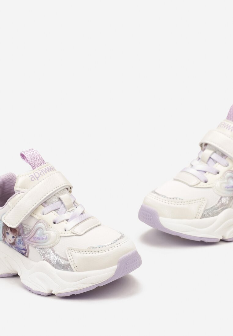  Pantofi sport sneakers mov-albi cu aplicație strălucitoare cu sclipici și curea cu scai Eniuma