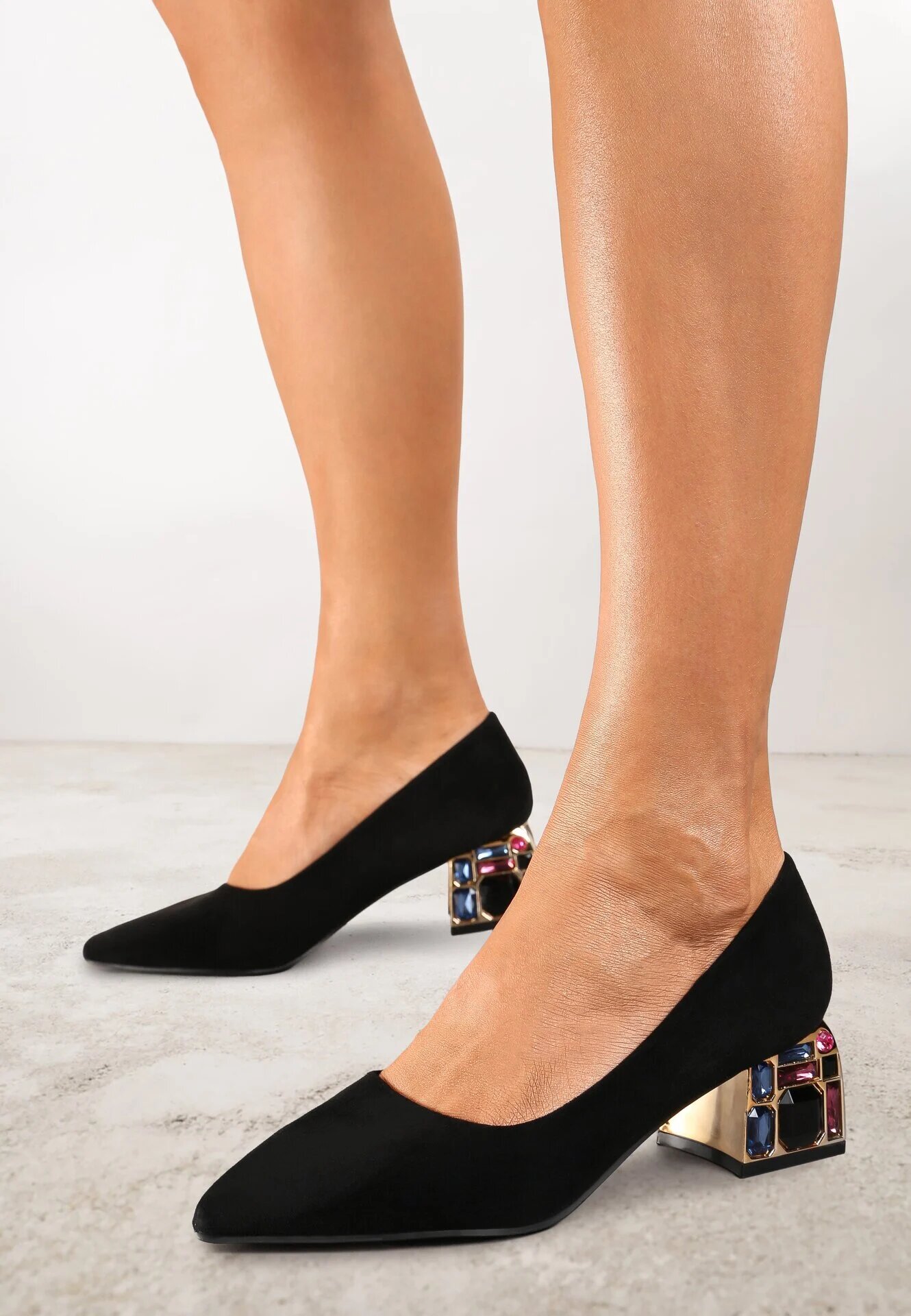  Pantofi stiletto negri cu toc cu zirconii cu branț din piele Cleitia