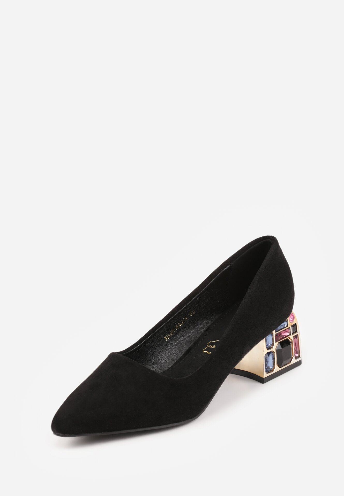  Pantofi stiletto negri cu toc cu zirconii cu branț din piele Cleitia