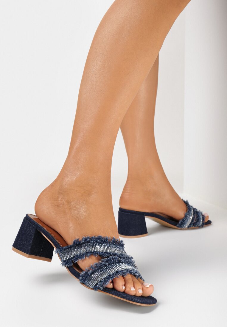 Papuci Albastru Marin de denim cu toc bloc cu zirconii franjurați decorativ Egerte