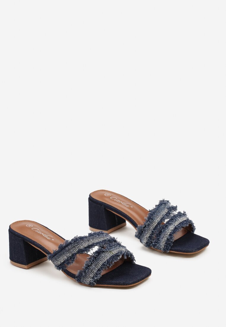  Papuci Albastru Marin de denim cu toc bloc cu zirconii franjurați decorativ Egerte