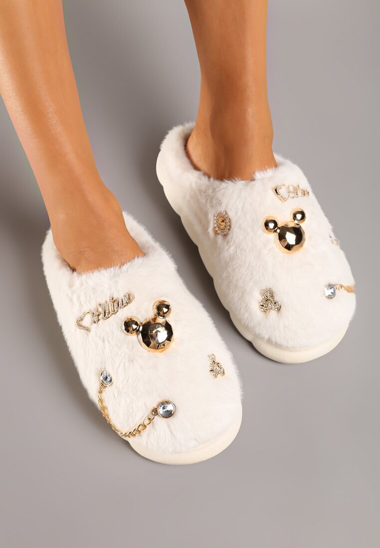  Papuci Albi Plati Pufoși cu Strass-uri și Lanț Rearisa