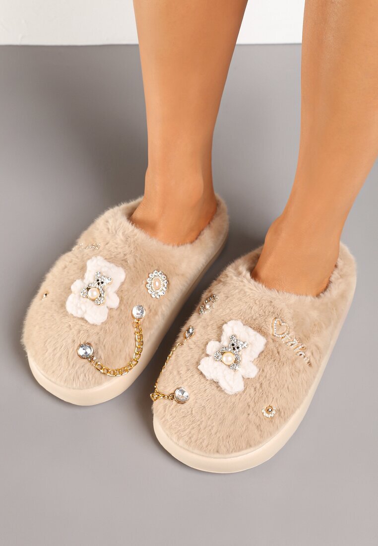  Papuci bej închis tip slip-on de blană cu aplicații decorative Reathlith