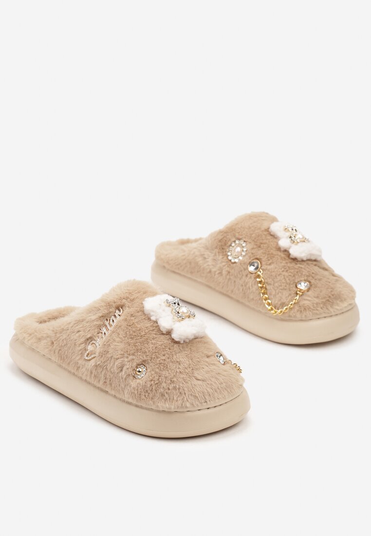  Papuci bej închis tip slip-on de blană cu aplicații decorative Reathlith