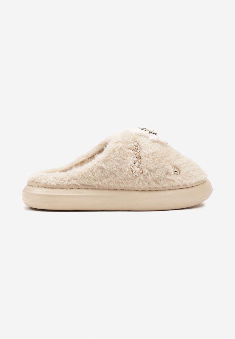  Papuci bej slip-on din blană cu aplicații decorative Reathlith