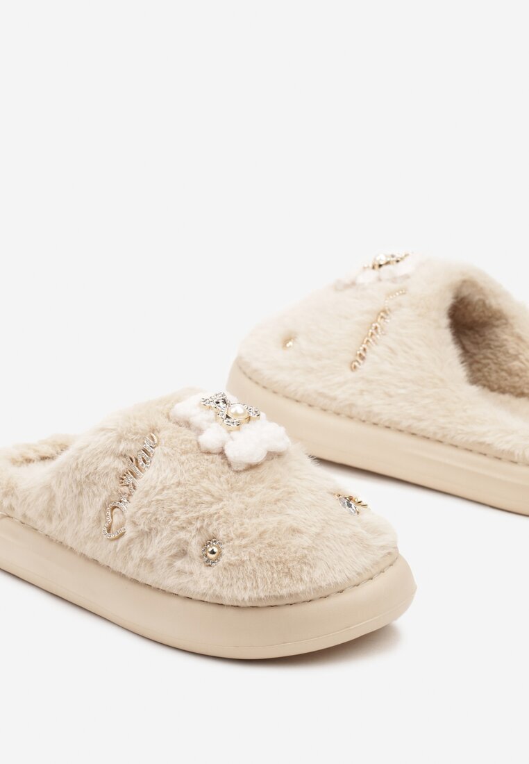 Papuci bej slip-on din blană cu aplicații decorative Reathlith