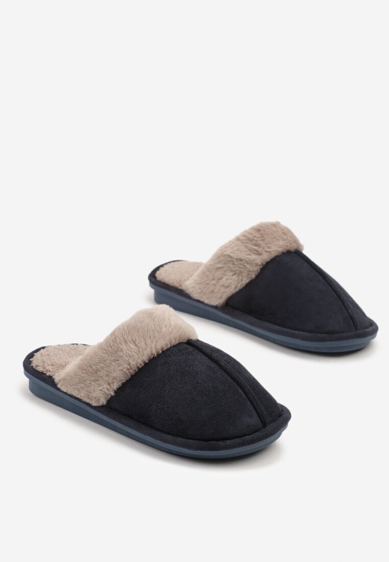  Papuci bleumarin clasici tip slip-on cu blană Selomir