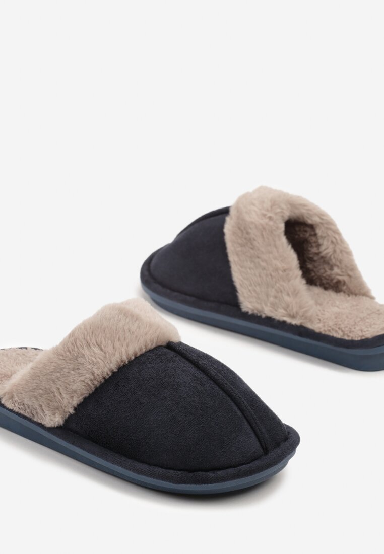 Papuci bleumarin clasici tip slip-on cu blană Selomir