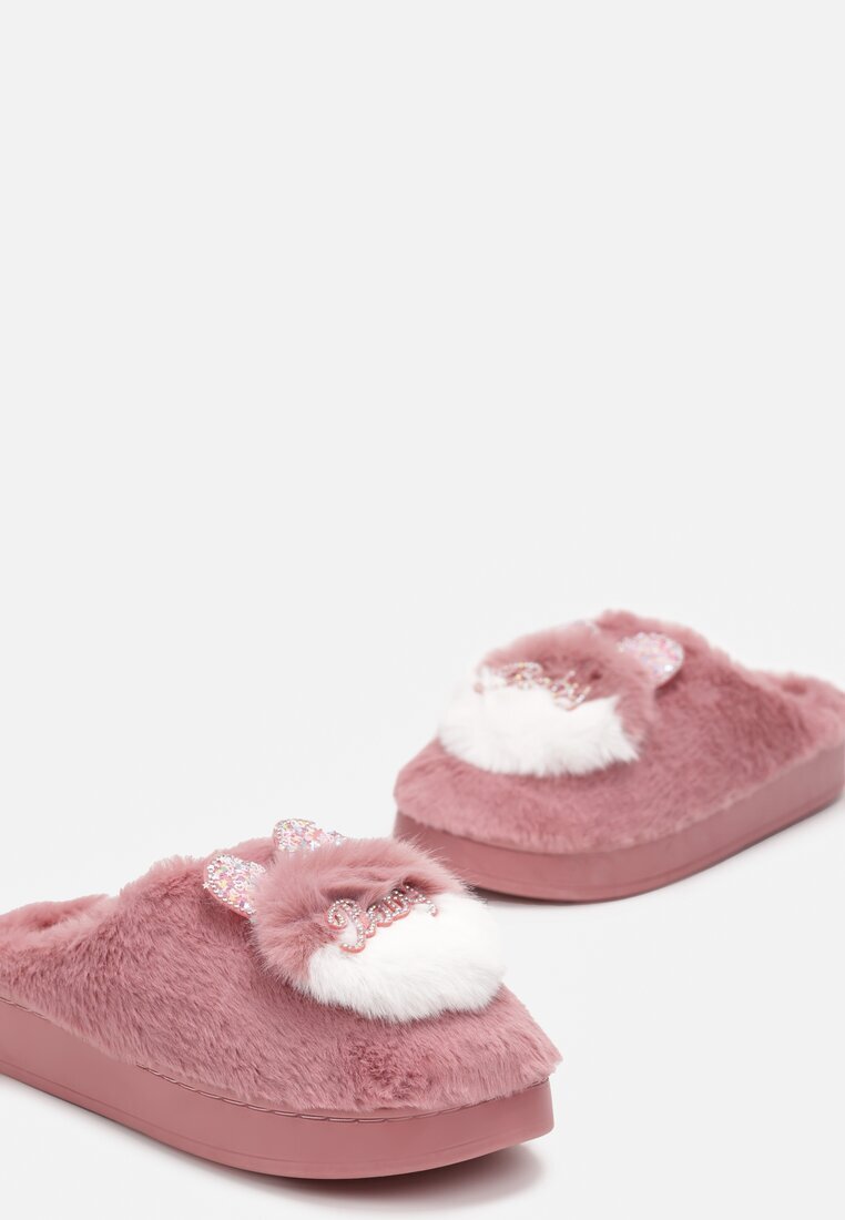  Papuci de casă slip-on roz închis cu talpă plată cu aplicație 3D în formă de iepuraș cu zirconii Pottira